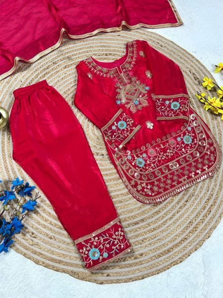 Exclusive Red Stylish Girls Silk Palazzo Set with Dupatta for Wedding and Party Wear Girls Wear
