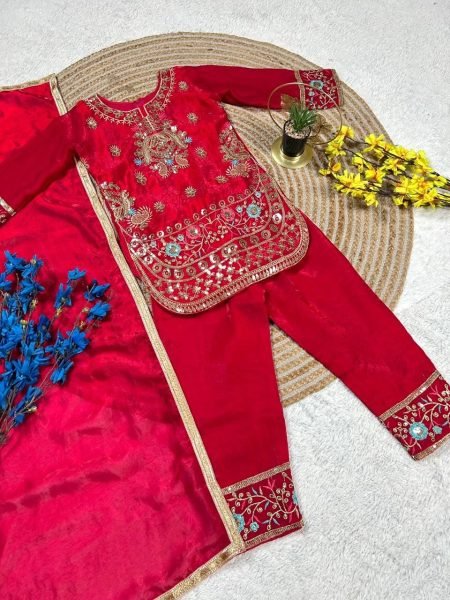 Exclusive Red Stylish Girls Silk Palazzo Set with Dupatta for Wedding and Party Wear Girls Wear
