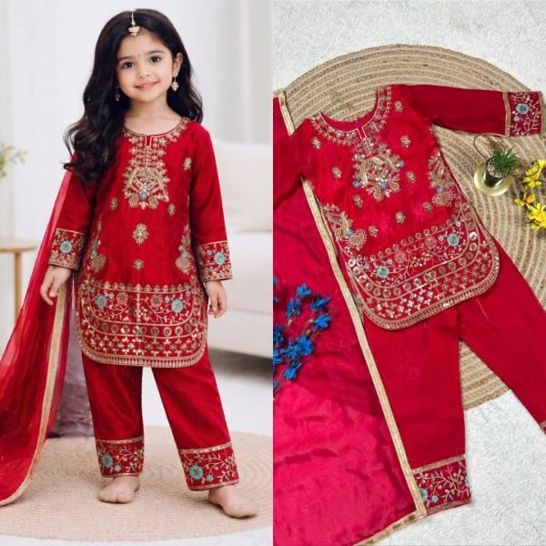 Exclusive Red Stylish Girls Silk Palazzo Set with Dupatta for Wedding and Party Wear Girls Wear