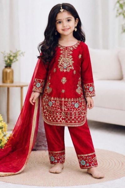 Exclusive Red Stylish Girls Silk Palazzo Set with Dupatta for Wedding and Party Wear Girls Wear