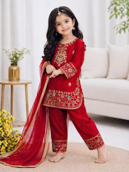 Exclusive Red Stylish Girls Silk Palazzo Set with Dupatta for Wedding and Party Wear Girls Wear