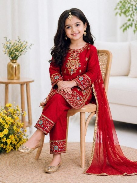 Exclusive Red Stylish Girls Silk Palazzo Set with Dupatta for Wedding and Party Wear Girls Wear