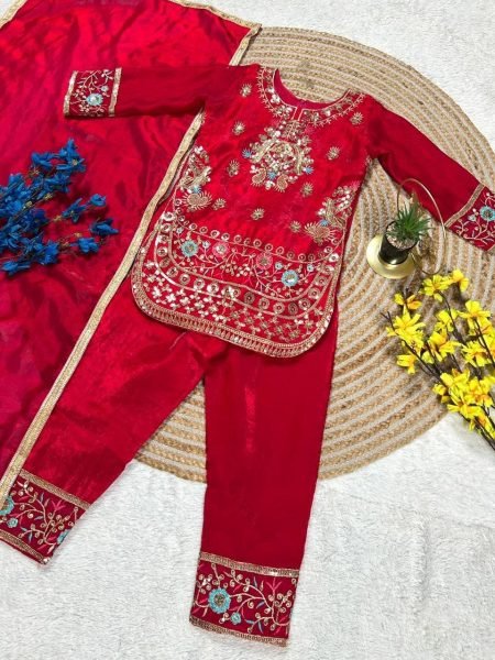 Exclusive Red Stylish Girls Silk Palazzo Set with Dupatta for Wedding and Party Wear Girls Wear