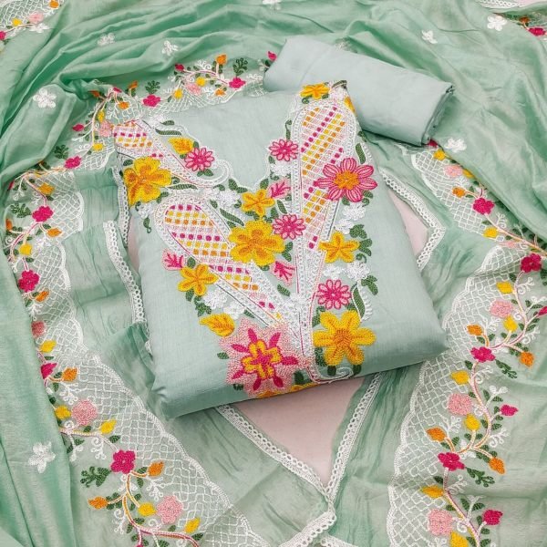 Exclusive Roman Silk Dress Material With Beautiful Work For Women Color Set Matching Dress Material Wholesale