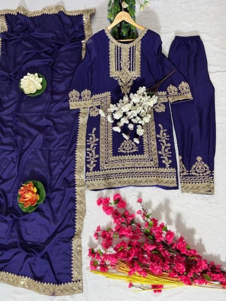 Exclusive Royal Blue  Chinon Sequence Embroidered  Kurti Suit for Party Wear Ready To Wear Collection
