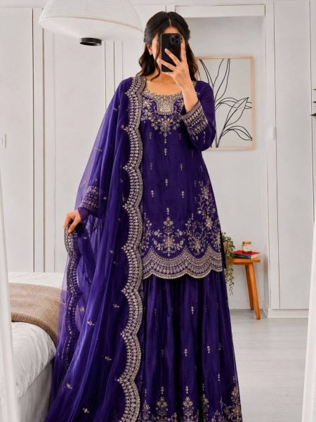 Exclusive Royal Blue Fendy Satin Sharara Suit with Coding Work For Wedding Wear Ready To Wear Suit