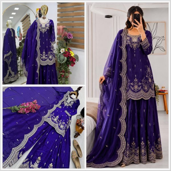 Exclusive Royal Blue Fendy Satin Sharara Suit with Coding Work For Wedding Wear Ready To Wear Collection