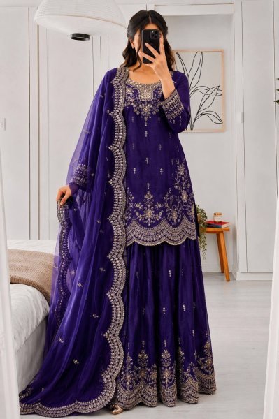 Exclusive Royal Blue Fendy Satin Sharara Suit with Coding Work For Wedding Wear Ready To Wear Collection