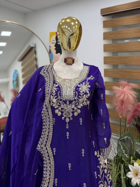 Exclusive Royal Blue Fendy Satin Sharara Suit with Coding Work For Wedding Wear Ready To Wear Collection