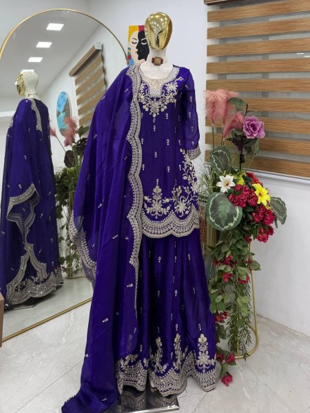 Exclusive Royal Blue Fendy Satin Sharara Suit with Coding Work For Wedding Wear Ready To Wear Collection