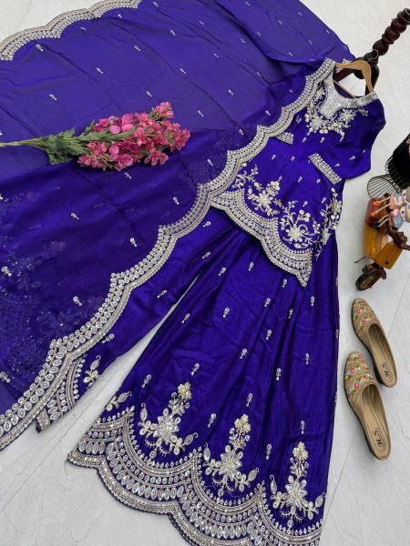 Exclusive Royal Blue Fendy Satin Sharara Suit with Coding Work For Wedding Wear Ready To Wear Collection