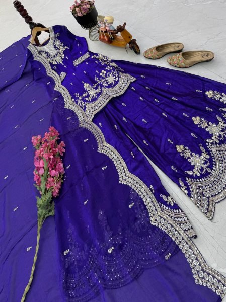 Exclusive Royal Blue Fendy Satin Sharara Suit with Coding Work For Wedding Wear Ready To Wear Collection