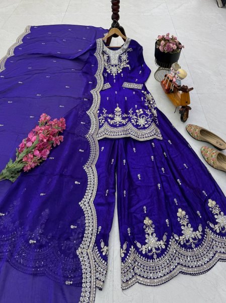 Exclusive Royal Blue Fendy Satin Sharara Suit with Coding Work For Wedding Wear Ready To Wear Collection