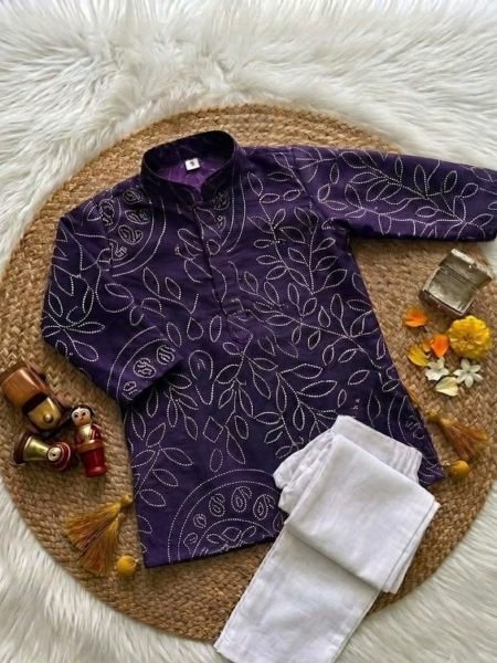 Exclusive Royal Purple Designer Kids Crepe Silk Kurta with Ajrakh Print and Pant 