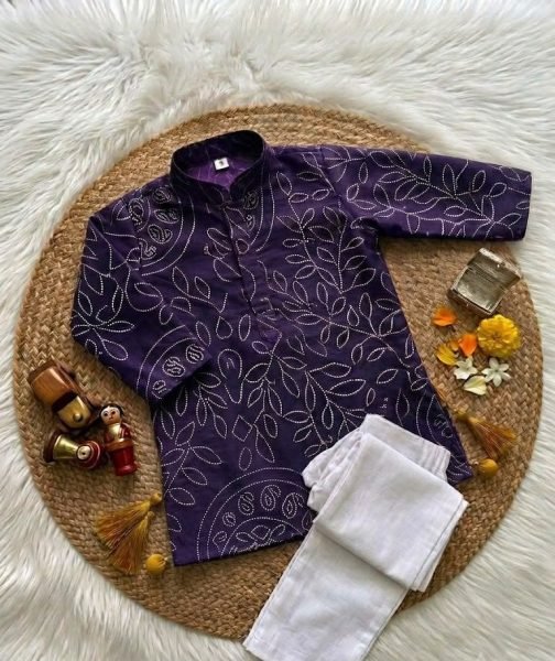 Exclusive Royal Purple Designer Kids Crepe Silk Kurta with Ajrakh Print and Pant Boys Wear