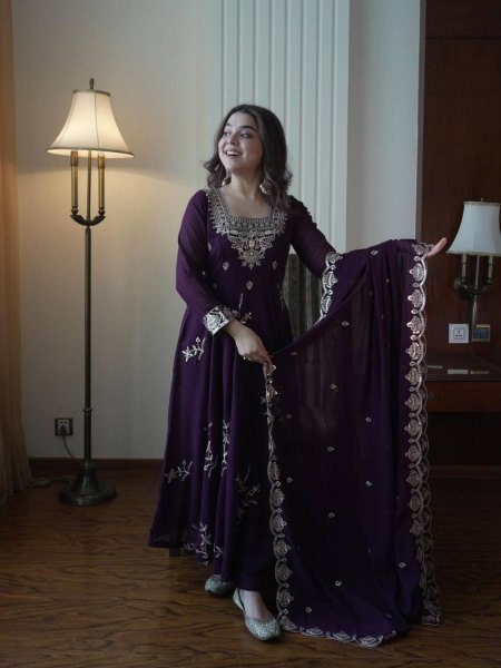 Exclusive Royal Purple Fox Georgette Kurti Pant Dupatta Set with Sequins Embroidery 