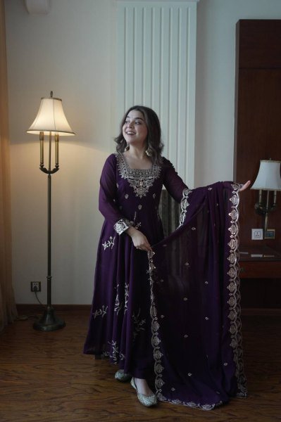 Exclusive Royal Purple Fox Georgette Kurti Pant Dupatta Set with Sequins Embroidery Ready To Wear Collection