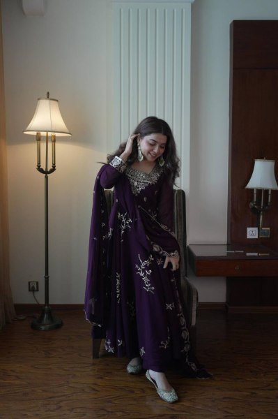 Exclusive Royal Purple Fox Georgette Kurti Pant Dupatta Set with Sequins Embroidery Ready To Wear Collection