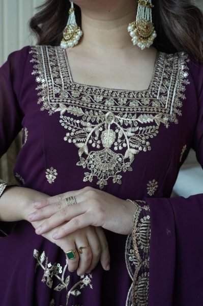Exclusive Royal Purple Fox Georgette Kurti Pant Dupatta Set with Sequins Embroidery Ready To Wear Collection