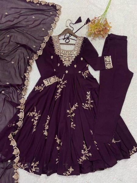 Exclusive Royal Purple Fox Georgette Kurti Pant Dupatta Set with Sequins Embroidery Ready To Wear Collection