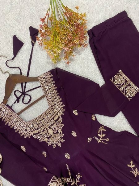 Exclusive Royal Purple Fox Georgette Kurti Pant Dupatta Set with Sequins Embroidery Ready To Wear Collection