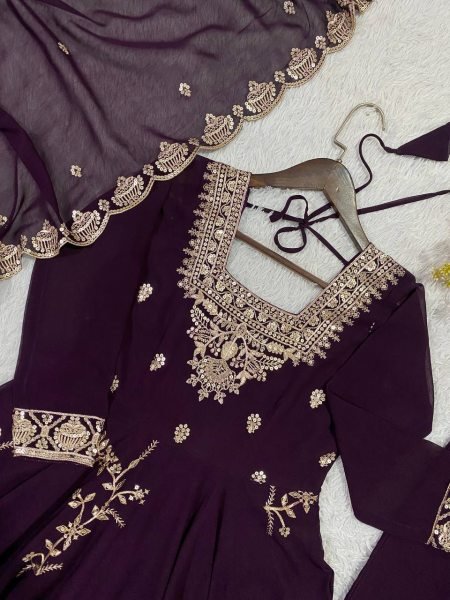 Exclusive Royal Purple Fox Georgette Kurti Pant Dupatta Set with Sequins Embroidery Ready To Wear Collection