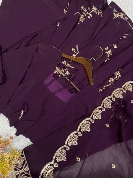 Exclusive Royal Purple Fox Georgette Kurti Pant Dupatta Set with Sequins Embroidery Ready To Wear Collection