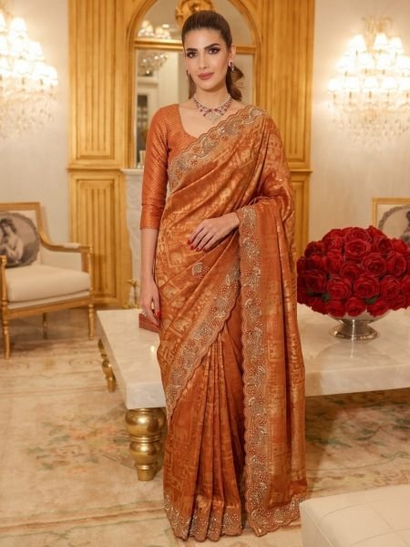 Exclusive Rust Bridal Kanjivarm Silk Saree with Cutwork Arco Border for Party Wear 