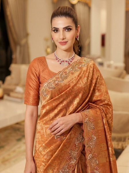 Exclusive Rust Bridal Kanjivarm Silk Saree with Cutwork Arco Border for Party Wear Silk Sarees Wholesale