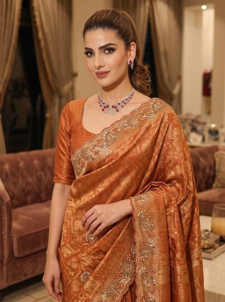 Exclusive Rust Bridal Kanjivarm Silk Saree with Cutwork Arco Border for Party Wear Silk Sarees Wholesale