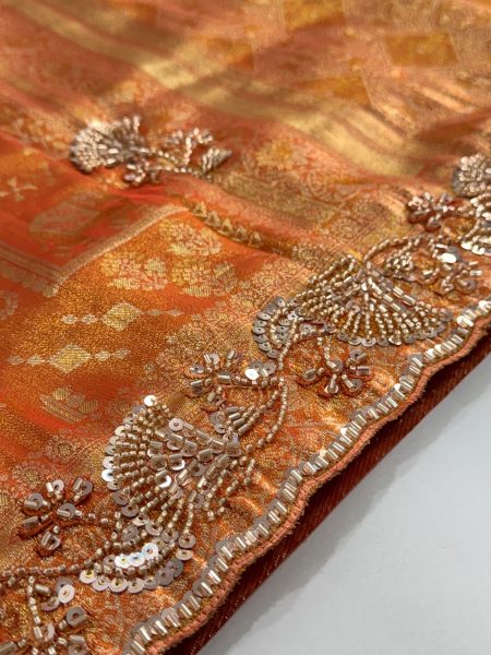 Exclusive Rust Bridal Kanjivarm Silk Saree with Cutwork Arco Border for Party Wear Silk Sarees Wholesale