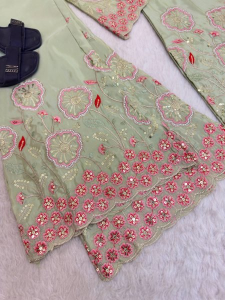 Exclusive Saga Green Silk Cordset With Floral Embroidery Bell Slleves For Women Ready To Wear Collection