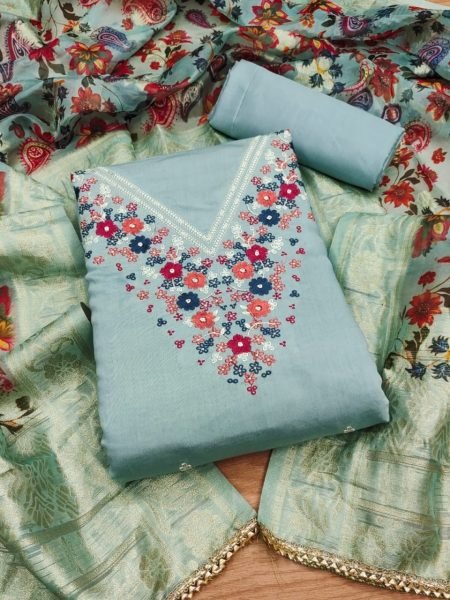 Exclusive Sea Green  Color Roman Silk and Digital Printed Dress Material  Color Set Matching Dress Material Wholesale