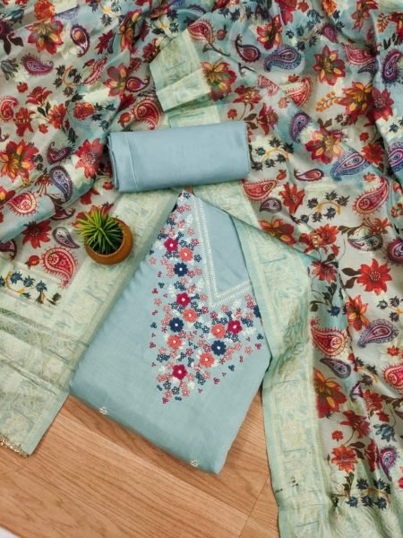 Exclusive Sea Green  Color Roman Silk and Digital Printed Dress Material  Color Set Matching Dress Material Wholesale