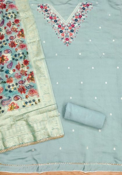 Exclusive Sea Green  Color Roman Silk and Digital Printed Dress Material  Color Set Matching Dress Material Wholesale