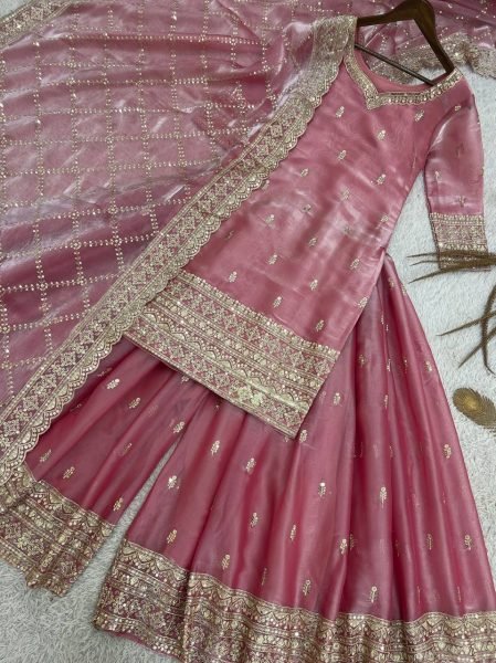 Exclusive Silk Plazzo suit Set With Heavy Embroidery And Sequins Work  Ready to Wear Collection Ready To Wear Collection