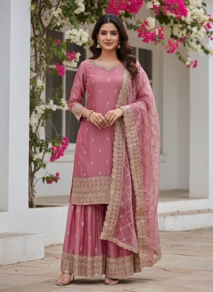Exclusive Silk Plazzo suit Set With Heavy Embroidery And Sequins Work  Ready to Wear Collection Ready To Wear Collection