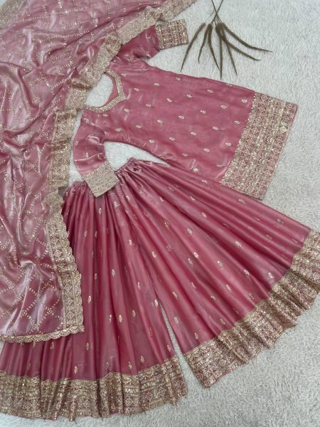 Exclusive Silk Plazzo suit Set With Heavy Embroidery And Sequins Work  Ready to Wear Collection Ready To Wear Collection