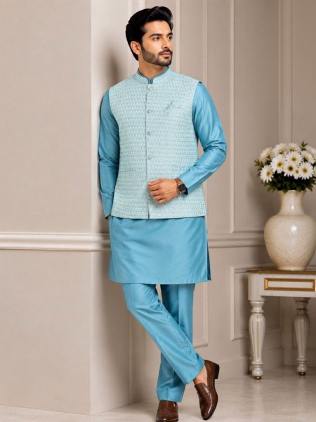 Exclusive Sky Blue Men's Big Size Silk Kurta Pajama with Self Design Jacquard Koti