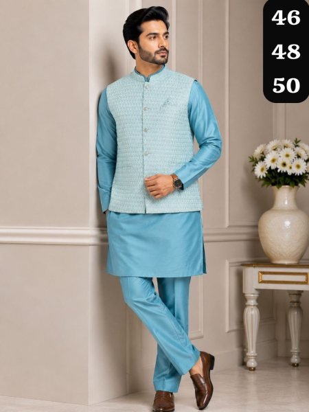 Exclusive Sky Blue Men's Big Size Silk Kurta Pajama with Self Design Jacquard Koti Kurta Pajama Wholesale