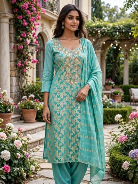 Exclusive Sky Blue Modal Jacquard Embroidered Suit with Santoon Bottom at Wholesale Dress Material 