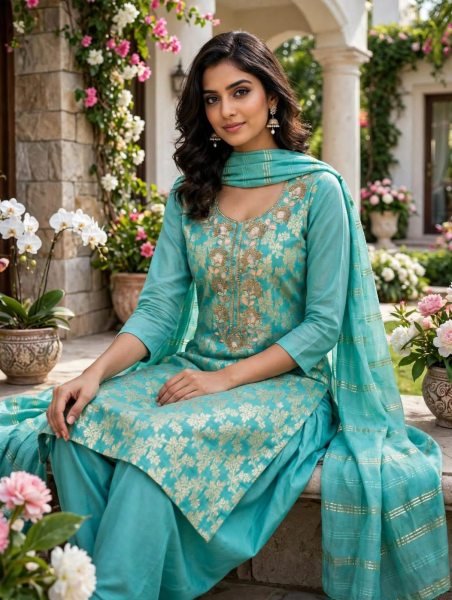Exclusive Sky Blue Modal Jacquard Embroidered Suit with Santoon Bottom at Wholesale Color Set Matching Dress Material Wholesale