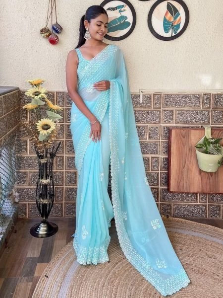Exclusive Sky Blue Soft Georgette Embroidered Saree with Diamond Silk Designer Blouse Georgette Sarees Wholesale