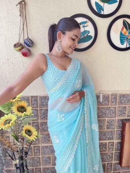 Exclusive Sky Blue Soft Georgette Embroidered Saree with Diamond Silk Designer Blouse Georgette Sarees Wholesale
