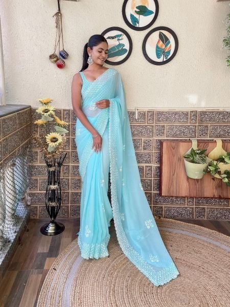 Exclusive Sky Blue Soft Georgette Embroidered Saree with Diamond Silk Designer Blouse Georgette Sarees Wholesale