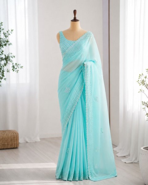 Exclusive Sky Blue Soft Georgette Embroidered Saree with Diamond Silk Designer Blouse Georgette Sarees Wholesale