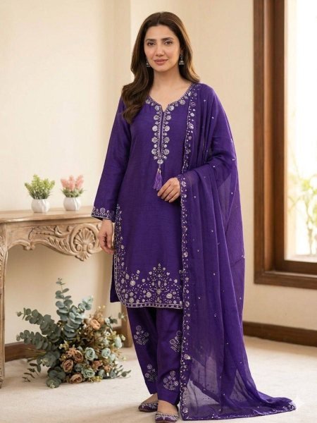 Exclusive Style Purple Chinon Sequence Embroidered Top Farshi Salwar Set with Dupatta Ready To Wear Suit