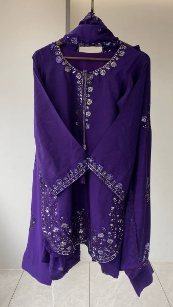 Exclusive Style Purple Chinon Sequence Embroidered Top Farshi Salwar Set with Dupatta Ready To Wear Collection