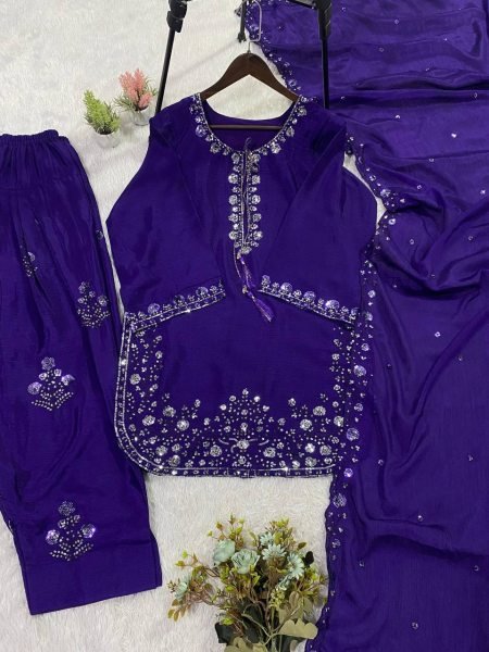 Exclusive Style Purple Chinon Sequence Embroidered Top Farshi Salwar Set with Dupatta Ready To Wear Collection