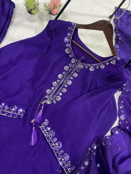 Exclusive Style Purple Chinon Sequence Embroidered Top Farshi Salwar Set with Dupatta Ready To Wear Collection